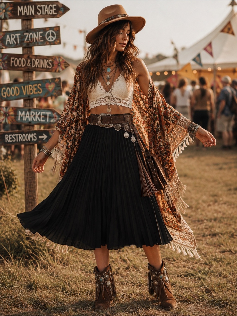 Grace Karin Black Pleated Midi Skirt with Subtle Ruffle Hem